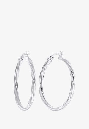 Zavihane srebrne uhane v obliki obroča s poliranim zaključkom. Imajo varen zaponko in krožno obliko. Gladka tekstura z odsevnimi sijaji.