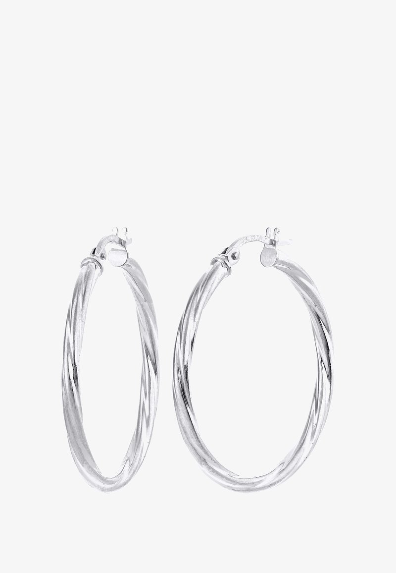 Suktos sidabriniai apvalūs auskarai, turintys poliruotą paviršių. Su saugiu užsegimu ir apvalia forma. Lygus paviršius su atspindinčia blizgesiu.