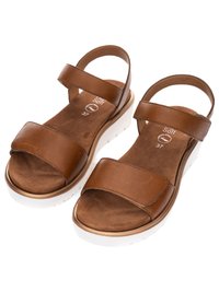 Sandali in pelle marrone con ampia fascia sopra le dita e cinturino alla caviglia, soletta imbottita, suola bianca, misura 37, mostrati fianco a fianco.