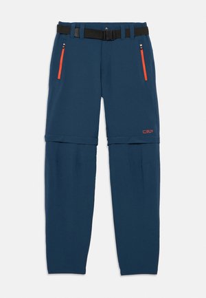 Pantaloni da trekking convertibili blu navy con gambe staccabili con cerniera, cintura nera regolabile e tasche con cerniera arancione, con logo CMP sulla coscia.