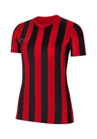 Rood en zwart gestreept Nike-shirt met korte mouwen en een ronde hals. Heeft een klein, wit Nike-logo op de borst. Glad, atletisch materiaal.