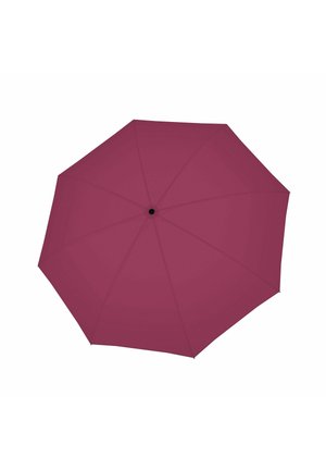 Closed burgundy umbrella viewed from above showing its eight panels and black central tip.