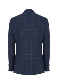 Granatowa marynarka w kratę o strukturalnym fasonie, z kwadratowym wzorem, klapami i dwoma guzikami na mankietach.