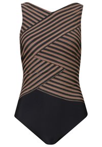 Maillot de bain noir avec un design en v, présentant des rayures diagonales en beige et des accents dorés sur la partie supérieure, texture lisse, silhouette moderne.