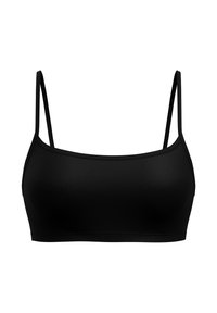 Zwarte bralette met dunne verstelbare banden, een gladde textuur en een eenvoudig ontwerp. Gemaakt van rekbare stof voor comfort en een goede pasvorm.