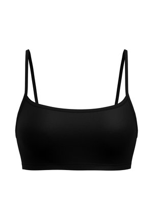 Schwarzer Bralette mit dünnen verstellbaren Trägern, einer glatten Textur und einem schlichten Design. Aus dehnbarem Material für Komfort und Passform gefertigt.