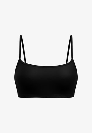 Schwarzer Bralette mit dünnen verstellbaren Trägern, einer glatten Textur und einem schlichten Design. Aus dehnbarem Material für Komfort und Passform gefertigt.