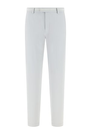 Světlý šedé kalhoty z hladké látky, s plochým předním dílem, poutky na opasek a zúženým střihem nohavic. Bez viditelných vzorů nebo ozdob.
