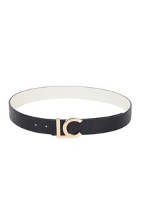 Čierny kožený opasok s textúrovaným povrchom, ktorý obsahuje pracku v zlatom tóne s označením "LC". Hladká vnútorná podšívka, nastaviteľná s viacerými dierkami.