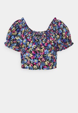 Schwarze kurz geschnittene Bluse mit elastischem Ausschnitt und Puffärmeln, verziert mit einem bunten Blumenmuster in Blau, Pink, Gelb und Grün.