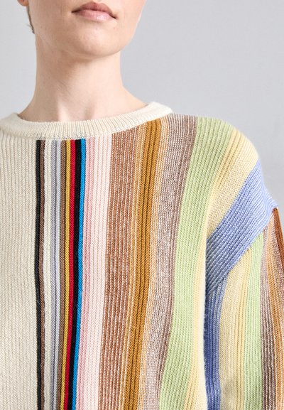Multicolored knitted sweater featuring wide horizontal stripes in beige, brown, blue, green, and pink, with a relaxed neckline and ribbed texture.