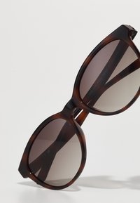 Lunettes de soleil en écaille de tortue avec de grandes lentilles arrondies et un dégradé de teinte marron. Monture en plastique lisse avec des accents latéraux visibles.