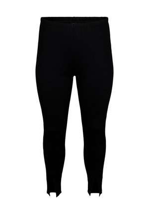 Black leggings with an elastic waistband, featuring cut-out details at the ankles. Made from soft, stretchy fabric for comfort.