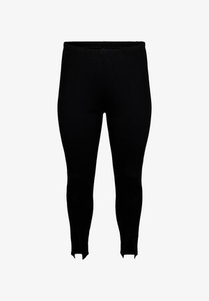Schwarze Leggings mit elastischem Bund, ausgestattet mit Ausschnitten an den Knöcheln. Hergestellt aus weichem, dehnbarem Stoff für hohen Tragekomfort.