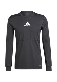 Zwart sportshirt met lange mouwen en een ronde hals, voorzien van twee voorzakken en een wit Adidas-logo op de borst. Gemaakt van lichtgewicht stof.