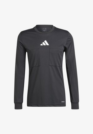 Black long-sleeve athletic shirt with a crew neck, featuring two front pockets and a white Adidas logo on the chest. Made from lightweight fabric.