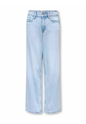 Svijetloplave traperice visokog struka ravnih nogavica s prednjim gumbom, rajsferšlusom i dizajnom s pet džepova na bijeloj pozadini.