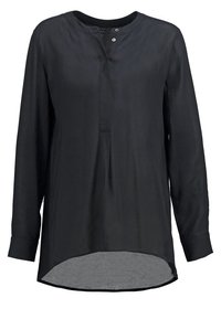 Blouse noire à manches longues avec col rond, patte de boutonnage à deux boutons et ourlet légèrement incurvé, plus long à l'arrière.