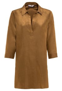 Brun, långärmad tunika med krage och V-ringning. Tyget har en slät, satinliknande textur, lämplig för både vardags- och formell klädsel.