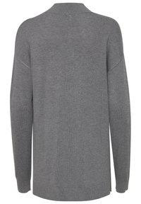 Grauer Strickcardigan mit lockerer Passform, ausgestattet mit einem Schal-Kragen, langen Ärmeln und gerippten Bündchen und Saum. Glatte Textur, keine sichtbaren Muster.