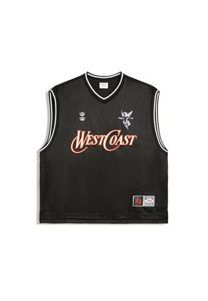Maglia sportiva nera senza maniche con rifinitura bianca, testo arancione ""West Coast"", una piccola grafica di un angelo bianco e due simboli di corona sul davanti.