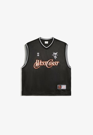 Czarny sportowy bezrękawnik z białym obszyciem, pomarańczowy tekst ""West Coast"", mała biała grafika anioła oraz dwa symbole koron na froncie.