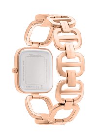 Roséguld linked armbåndsur med en rektangulær bagside i rustfrit stål, indgraveret brandnavn og vandtætte detaljer.