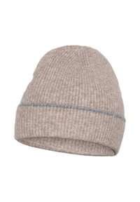 Bežs ribotais adījuma cepure, kas izgatavota no mīksta materiāla. Tam ir saliekama maliņa un kontrastējoša smalka pelēka svītra ap vainaga.