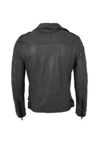 Schwarze Lederjacke mit leicht strukturierter Oberfläche. Ausgestattet mit einem Reverskragen, verstellbaren seitlichen Schnallen und Reißverschlüssen an den Ärmeln.