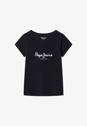 T-shirt noir à manches courtes avec col rond et logo blanc "Pepe Jeans London" centré sur la poitrine.