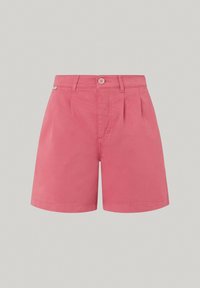 Shorts di cotone rosa con un design sartoriale, caratterizzati da una chiusura frontale con bottone, pieghe e una vestibilità dritta. Tessuto liscio e orli puliti.