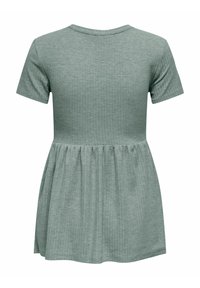 Φόρεμα με κοντά μανίκια από απαλό, ριμπ ύφασμα, με στρογγυλή λαιμόκοψη και φουσκωτή, πλισέ φούστα σε απαλό πράσινο χρώμα.