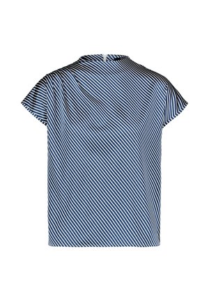 Blouse bleu à manches courtes avec rayures blanches diagonales, encolure ronde et fermeture à bouton avec trou décoratif au dos.