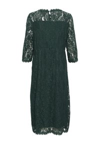 Lace dress in dark green with three-quarter sleeves, a round neckline, and scalloped edges. Features a mid-calf length and floral pattern.