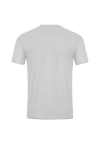 T-shirt gris clair à manches courtes en tissu lisse. Encolure ronde, sans motifs ni accents, avec un design de dos uni.