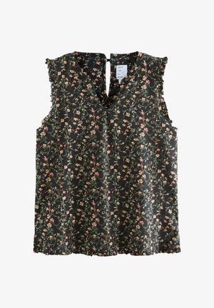 Ärmelloses Blumenoberteil aus schwarzem Stoff, mit V-Ausschnitt, rüschengesäumten Kanten und kleinen rosa und grünen Blumenmustern.