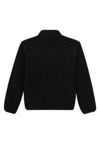 Veste polaire noire vue de dos avec manches longues et col montant, en tissu doux et texturé.