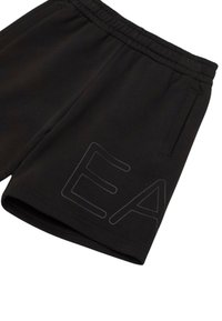 Pantaloni corti neri con vita elastica, tasche laterali e un grande logo "EA" stampato sul davanti in un tono grigio discreto.