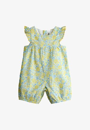 Varrukateta beebide kombekas kollase ja sinise lillemustriga, volangiga õlaisete ja elastsete jalaavadega.