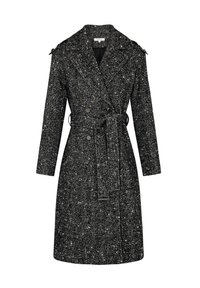 Zwart-wit visgraat-patroon jas met een ceintuur in de taille, een dubbele knopenrij aan de voorkant en een uitgesneden kraag. Beschikt over lange mouwen en een textuurstof.