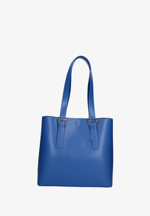 Blaue Ledertragetasche mit zwei flachen Griffen, rechteckiger Form, glatter Oberfläche und silberfarbener Hardware an den Griffbasen.