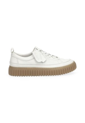 White low-top sneaker with textured light brown sole, lace-up front, stitched detailing, and a pull tab at the heel.