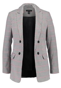 Ruudutettu bleiseri mustassa, valkoisessa ja punaisessa. Kaksoispainike-malli, jossa on kaksi nappia, huippukäänteet ja sivutaskut. Musta vuori.