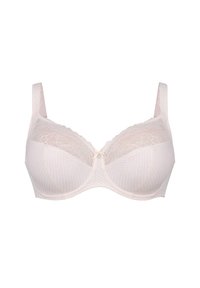 Lace-trimmed light pink bra with polka dot pattern, underwire support, adjustable straps, and a small bow accent at the center.