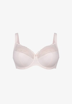 Blonderelateret lys pink bh med prikmønster, underwire støtte, justerbare stropper og en lille sløjfe foran.