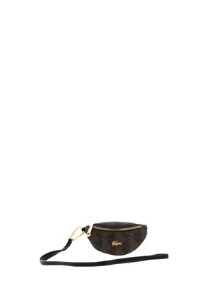 Piccola borsa a tracolla in pelle nera con cerniera dorata, motivo geometrico, logo dorato e tracolla regolabile con ferrature dorate.