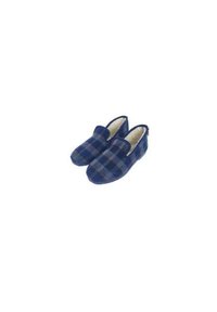 Zapatillas de cuadros azules y marino con una tela suave y texturizada, diseño de punta cerrada y suela plana baja. Forro de piel sintética visible.