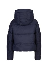 Mariene pufferjacke met capuchon, met een boxy ontwerp, doorgestikte textuur en elastische manchetten. Achteraanzicht toont een cropped lengte en een gladde afwerking.