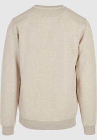 Sudadera beige, mezcla de algodón, textura suave, cuello redondo, puños y dobladillo acanalados, diseño minimalista, sin logotipos o patrones visibles.