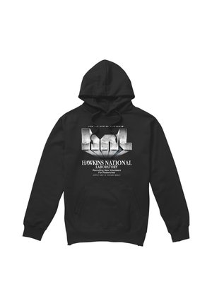 Black hoodie with a silver "HNL" logo and text reading "Hawkins National Laboratory Recruiting New Volunteers For Researches."